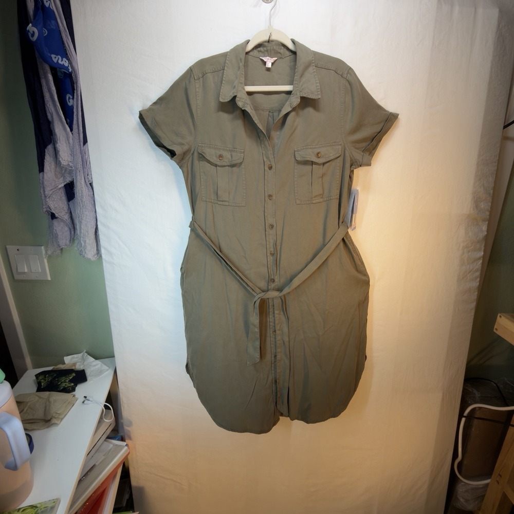 Teddi Rose Women's Size Large Short Sleeve Belted Green Tencel Shirt Dress NWT